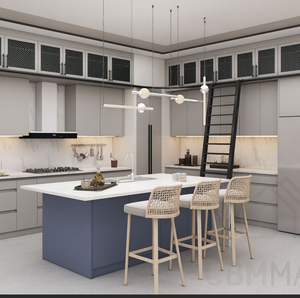 Ensemble de meubles de cuisine modernes et minimalistes avec îlot, finition gris mat, plan de travail en quartz blanc, design sans poignées - Product Image 3