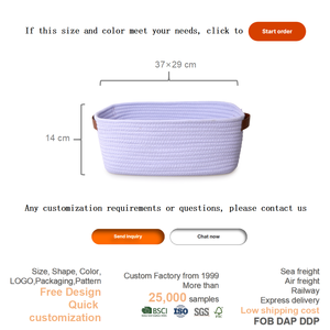 Grand panier de rangement simple en <span class=keywords><strong>corde</strong></span> de coton tressée violet lavande avec poignée en cuir pour la chambre d'enfant, la salle de bain et l'organisation de la maison - Product Image 3