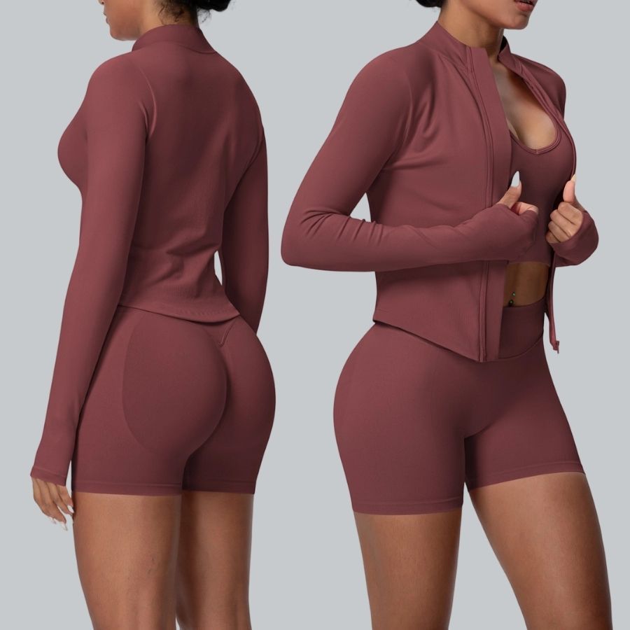 Seamless Quick Dry High Elastic Tight Breathable Short Jacket Yoga Fitness Set for Women Sports Running Gym Workout Three Piece