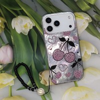 Coque de téléphone imprimée léopard cerise pour Redmi Samsung Huawei avec dragonne perlée noire pour iPhone 17 Pro Max 16