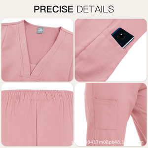 Women V Neck Scrub Set Moisture Wicking Knitted Split Uniform Hospital Workwear Short Sleeve Two Piece Uniforms - Product Image 4