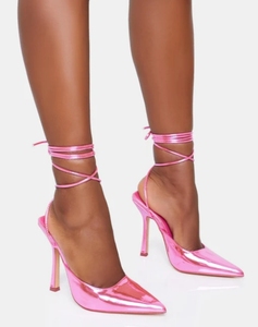 Kim loại màu hồng PU Slingback ren lên nhọn Tòa Án Stiletto gót Dép nữ bạc mũi nhọn Stiletto Giày cao gót - Product Image 1