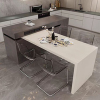 Table de salle à manger îlot multifonctionnelle télescopique et extensible en bois massif avec plateau en pierre, intégrant une station de travail et un bar à thé central