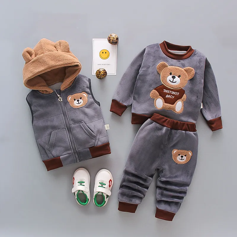 Conjunto de roupas de inverno para meninas, trajes de urso de desenhos animados para crianças, roupa exterior com capuz, calças, 3 peças