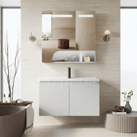WJL Meuble-lavabo mural gris avec miroir éclairé anti-humidité, ensemble de meubles de salle de bain en promotion