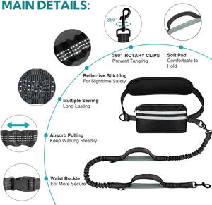 Laisse pour chien en nylon mains libres avec poche, laisse double pour deux chiens, bungee, poignées doubles rembourrées, solide et tendance - Product Image 5