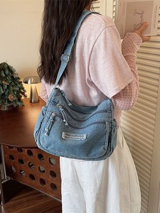 Retro Solid Color Small Sister Casual Shoulder <b>Bag</b> Female <b>College</b> Student Weekend Shopping Multi Layer Crossbody <b>Bag</b> Jeans - Product Image 1