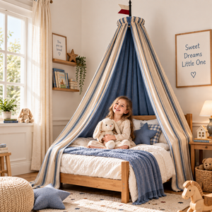 Dosel de Cama Infantil con Rayas Náuticas Estilo Retro Americano, Marco de <span class=keywords><strong>Madera</strong></span>, 100% Algodón, Triangular, con Puerta Individual, Plegable y Portátil - Product Image 3