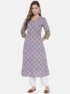 Ensemble Kurti pour femme, violet à motifs floraux, imprimé à la main, col en V, manches longues, avec broderie, coupe ample, style décontracté toutes saisons - Product Image 4