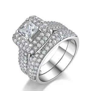 白金公主切割锆石钻石订婚婚戒套装女性结婚戒指套装