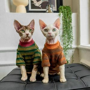 ชุดแมวลายทางคลาสสิกขายดี โปรโมชั่นพิเศษ เสื้อผ้าสัตว์เลี้ยงสำหรับฤดูใบไม้ผลิและฤดูใบไม้ร่วง เสื้อแมวคอกลมและปากกว้าง - Product Image 3