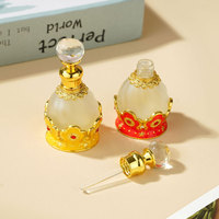 Flacon de parfum en métal rose et bleu de 15 ml, style Dubaï, motif fleur de prunier, pour huile essentielle Attar, rechargeable avec compte-gouttes et bouchon hermétique