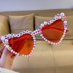 <b>Party</b> <b>Props</b> Birthday Sunglasses Pearl Letter Sunglasses Stylish Rhinestone-encrusted Heart-shaped Glasses - Product Image 5