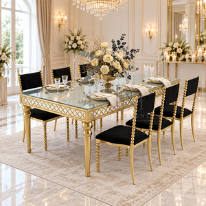 Luxury Stainless Steel Glass Top <b>Dining</b> Table Set with Upholstered <b>Chairs</b> for Wedding Banquet Event Wholesale - Product Image 2