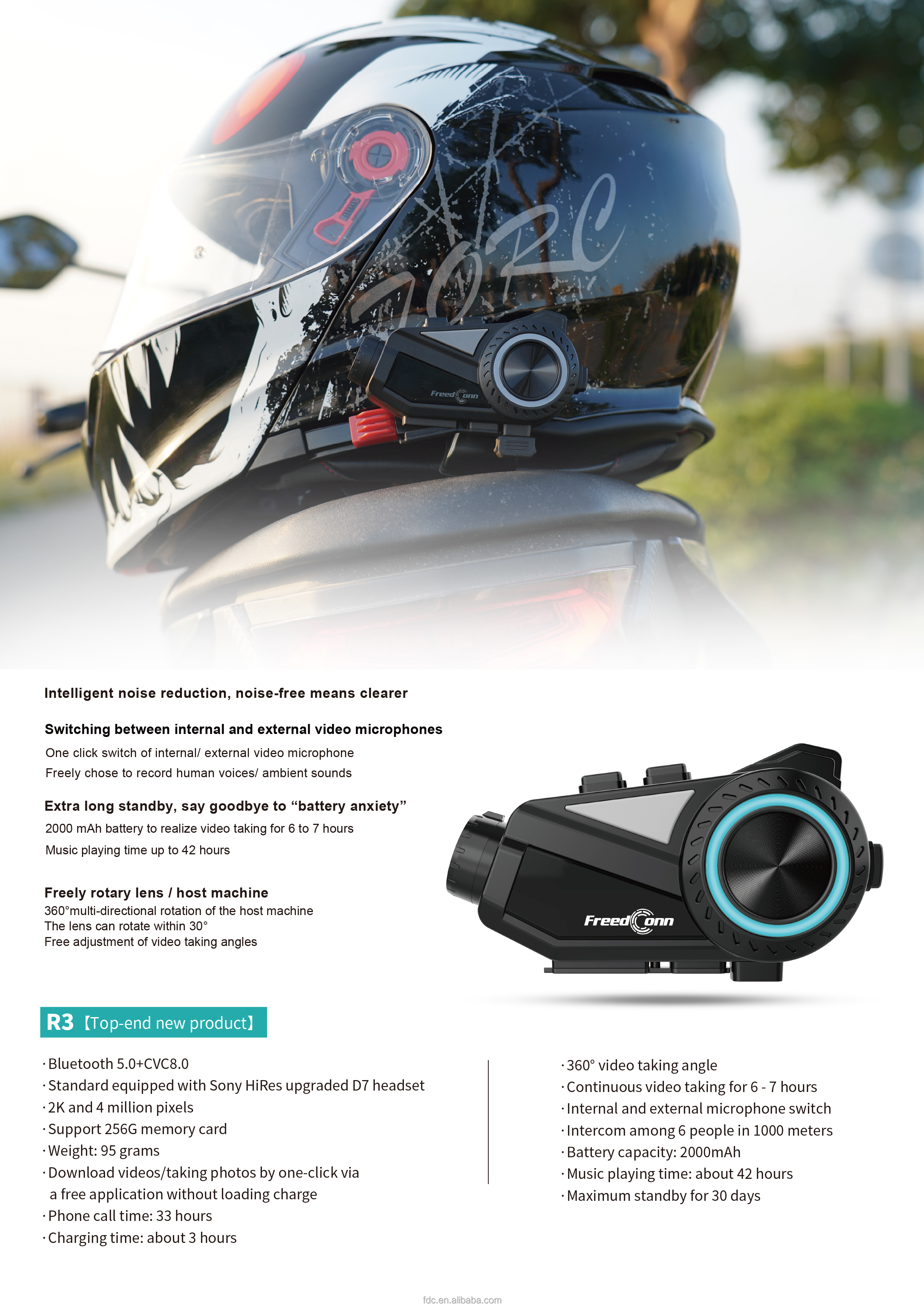 Freedconn R3 Pro Bluetooth Helmet With 2k Camera Intercom Oem