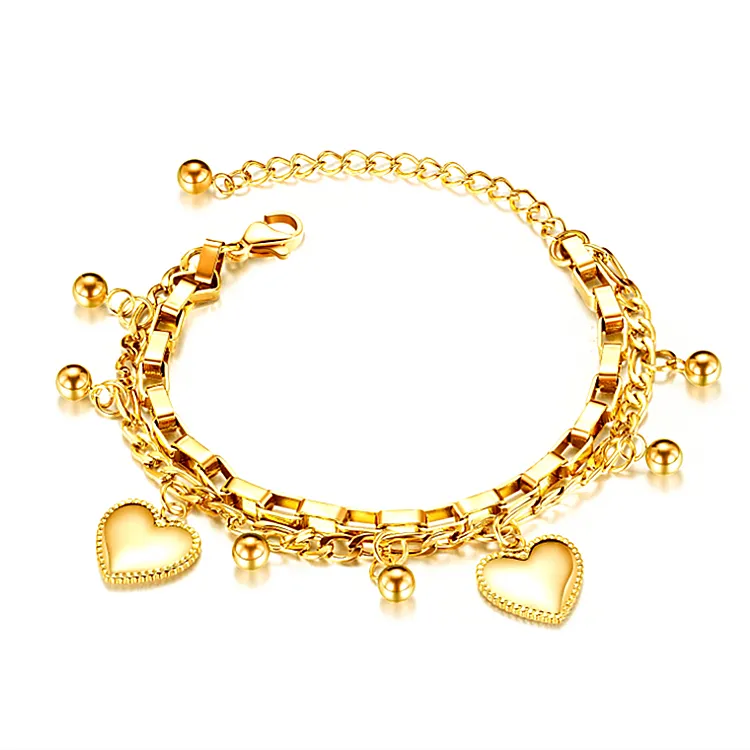 Chunky Fashion Jewelry 2022 Layered Figaro Paper clip Chain Heart Charms PVD Gold Plated Stainless Steel Bracelet Women