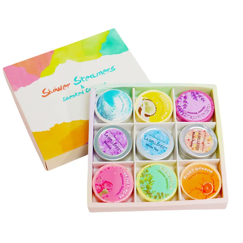 Wholesale New Style Custom Gift Box Packing 6 Tablets Shower Steamer + 3 Scented candle With Aromatherapy Strong Scent