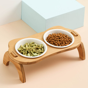 Wooden Pet Bowl Double Elevated Feeder For Cat With Slanted Rim And Tall Stand Rounded Shape LC-46 - Product Image 2