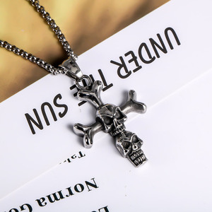 Double Skull <b>Cross</b> Pendant Stainless Steel Men's Necklace SP431 Punk Themed Jewelry Gift - Product Image 4