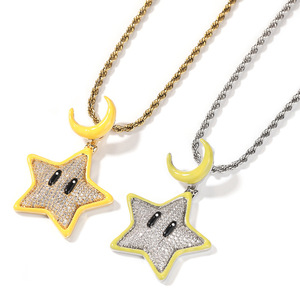 Collier pendentif étoile lumineuse de dessin animé créatif avec zircon cubique glacé brillant, pendentif lune fluorescent <span class=keywords><strong>BaiI</strong></span> Hiphop, chaîne de pendentif - Product Image 3
