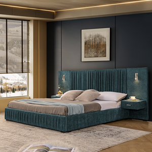 Lit King Size rembourré en tissu chenille, design plissé, avec tête de lit et cadre en teck massif, lit plateforme surélevé - Product Image 2