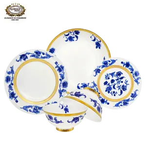 Veweet — vaisselle en porcelaine bleu et blanc, décoration en or, service de table en porcelaine avec design floral, sous glaçure