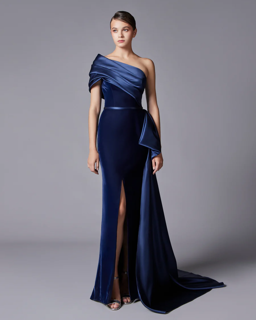 Mily Bridal M-ASF369 Dubai One Shoulder Pleat Design Evening Dress Elegant Slit with Bow Mermaid Soft Satin Arabic for Women