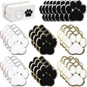 Nouveau design Patch en chenille thermocollant à motif patte, à bords pailletés/argentés, coloré, blanc et noir, en tissu brodé avec technique PVC, pour la décoration - Product Image 1