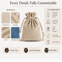 Pochette à cordon en velours suédé gris avec logo personnalisé en feuille d'or, sac de rangement en tissu doux pour bijoux, bibelots, petits objets, emballage cadeau