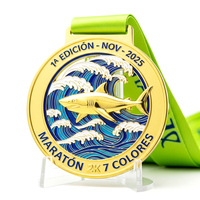 Médaille de course personnalisée ronde en alliage de zinc plaqué or, motif requin creux et vague océanique 3D, émail souple, récompense de finisseur 2K, avec informations personnalisées