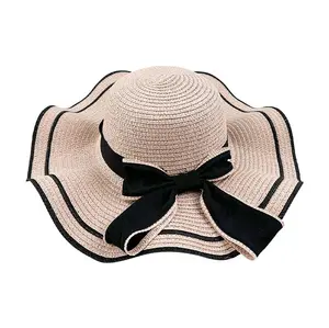 Topi jerami kertas pinggiran lebar merah muda luar ruangan besar logo kustom pabrik dengan label pribadi ikatan simpul topi matahari pas kering bulat