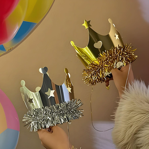 Couronnes de fête brillantes effet miroir laser, dorées et argentées, avec pompons, en papier, taille unique pour enfants et adultes, pour fêtes <span class=keywords><strong>d</strong></span>'anniversaire - Product Image 5