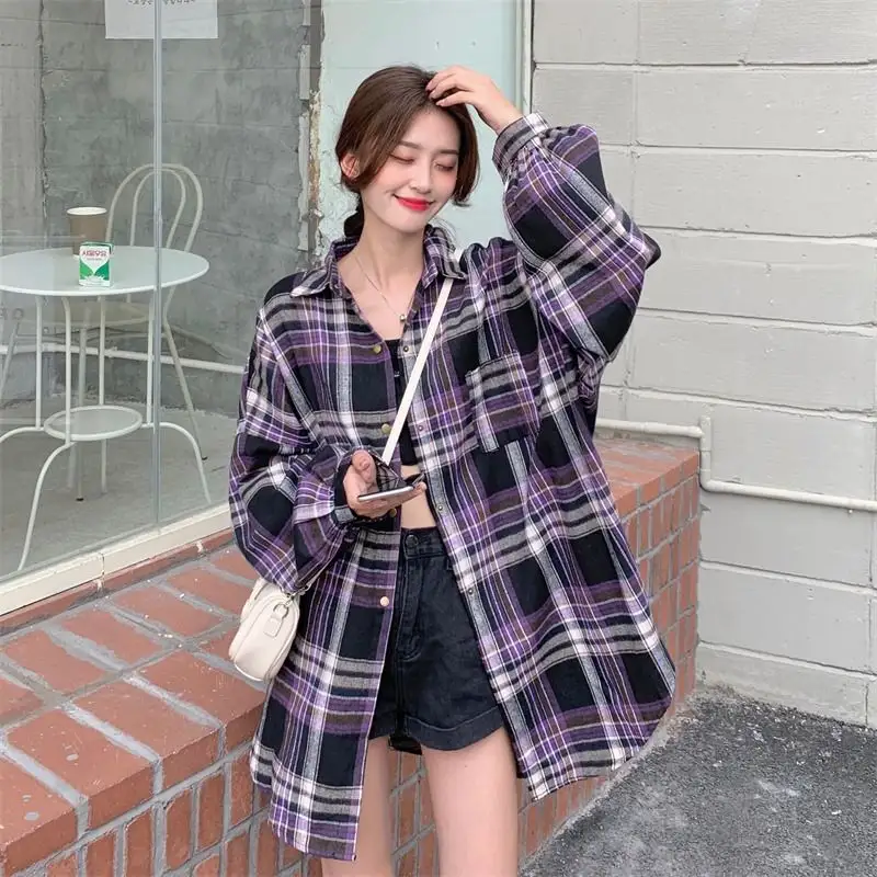 2022 New Shirt Women Long Sleeve Autumn Student Loose Plaid Shirt Coat Women's Design Korean Style Fashion Top