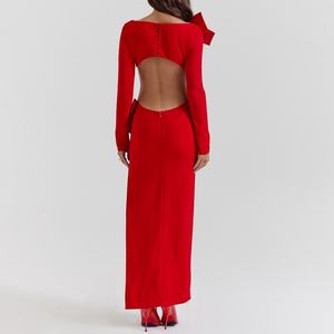 Robe longue rouge vif avec nœud, tenue de soirée élégante et accrocheuse, prête pour le tapis rouge, robes de soirée sur mesure - Product Image 3