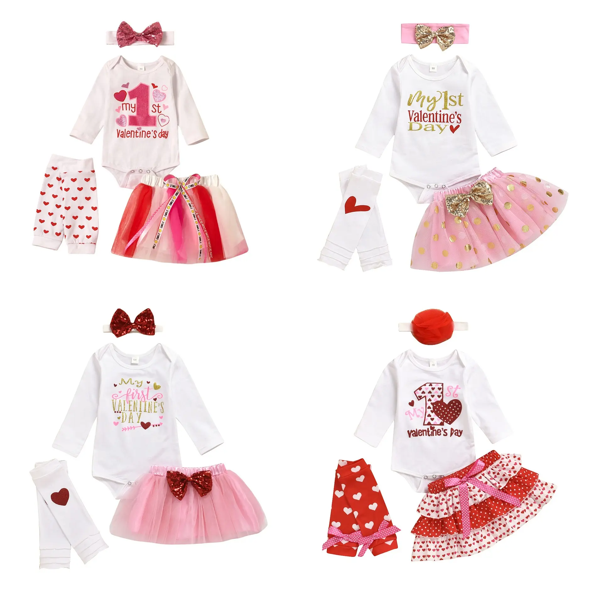 Set rok kasa Romper motif huruf, Set 4 buah hiasan kepala + baju monyet + rok + kaus kaki, Hari Valentine Musim Semi