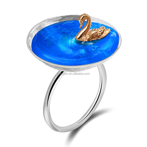 Loto divertente vero 925 in argento Sterling gioielli naturali creativi fatti a mano Designer poetico cigno nel mare anelli per le donne - Product Image 3