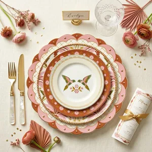 Juego <span class=keywords><strong>de</strong></span> Platos <span class=keywords><strong>de</strong></span> Cerámica con Calcomanía Rosa Dorada, Porcelana Exótica con Diseño <span class=keywords><strong>de</strong></span> Cacatúa y Palmera, Vajilla para Bodas y Boutiques, Venta al por Mayor - Product Image 1