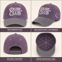 Casquette de baseball en daim mauve avec broderie céleste et lettrage en relief, visière anthracite, six panneaux, style vintage streetwear, vente en gros OEM