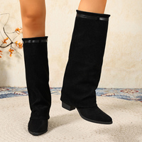 Bottes hautes en daim pour femmes, à bout pointu, talon bloc, pliables, style western, pour tenue quotidienne