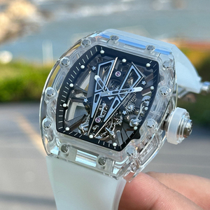 Men's Clear Crystal Skeleton Tourbillon Automatic Mechanical <b>Watch</b>, Tonneau-Shaped White <b>Rubber</b> Sports <b>Watch</b> - Product Image 1