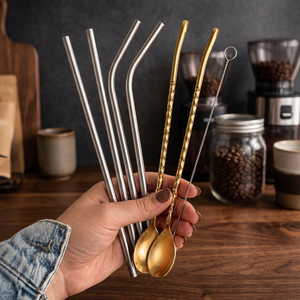Metal <b>Drinking</b> <b>Straws</b> Set of 5 Reusable Stainless Steel Bar Accessories Minimalist Design Gold and Silver Tones - Product Image 3