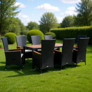 Outdoor Dining Set 8 Seater Black Pe Rattan Teak <b>Table</b> Garden Furniture Contemporary Style - Product Image 2