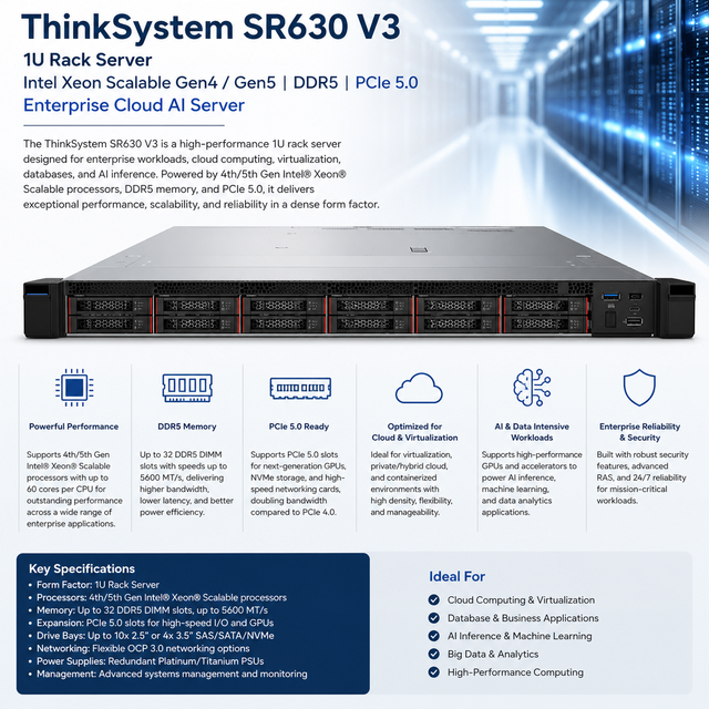 ThinkSystem SR630 V3 1U Rack Server Intel Xeon Scalable Gen4 Gen5 DDR5 PCIe 5.0 Enterprise Cloud AI Server