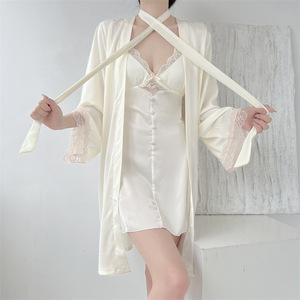 IStapromo Regalos para Mujer, Conjunto de Pijama de Satén con Encaje y Estampado Floral, Sexy, Lujoso, Casual, de Verano, Camisón Holgado con Tirantes Finos, Blanco - Product Image 1