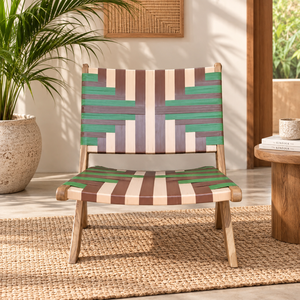 Chaise de jardin en bois de style mid-century moderne avec assise en tressage rayé vert et marron, pieds effilés, mobilier d'extérieur au design durable - Product Image 2
