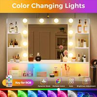 Coiffeuse moderne en bois massif avec miroir éclairé, prise de courant, lumières LED RGB, ensemble de maquillage, grande capacité de rangement pour filles