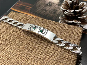 Pulsera de Plata de Ley S925 con Cabeza de Tigre y Diamantes Verdes, Estilo Hip-Hop, Personalidad Masculina, Pulsera de Plata Tai con Cabeza de Tigre Domo - Product Image 4