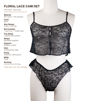 Ensemble de lingerie deux pièces pour femme, style exotique, avec broderie en dentelle, caraco long, panneaux transparents boutonnés sur le devant, culotte à volants et finition vintage 90%