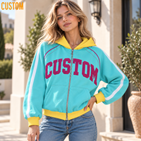 Vestes à capuche zippées pour femmes, style athlétique, avec blocs de couleur, broderies, appliqués, patchwork, passepoil et bordures côtelées