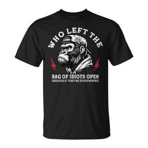 Camiseta negra con estampado gráfico para hombre Who Left The Bag Of Idiots - Product Image 1